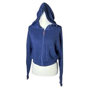 Tommy Jeans Cropped Hoodie Blue Waffle Knit Designer Full Zip Jacket US Size S